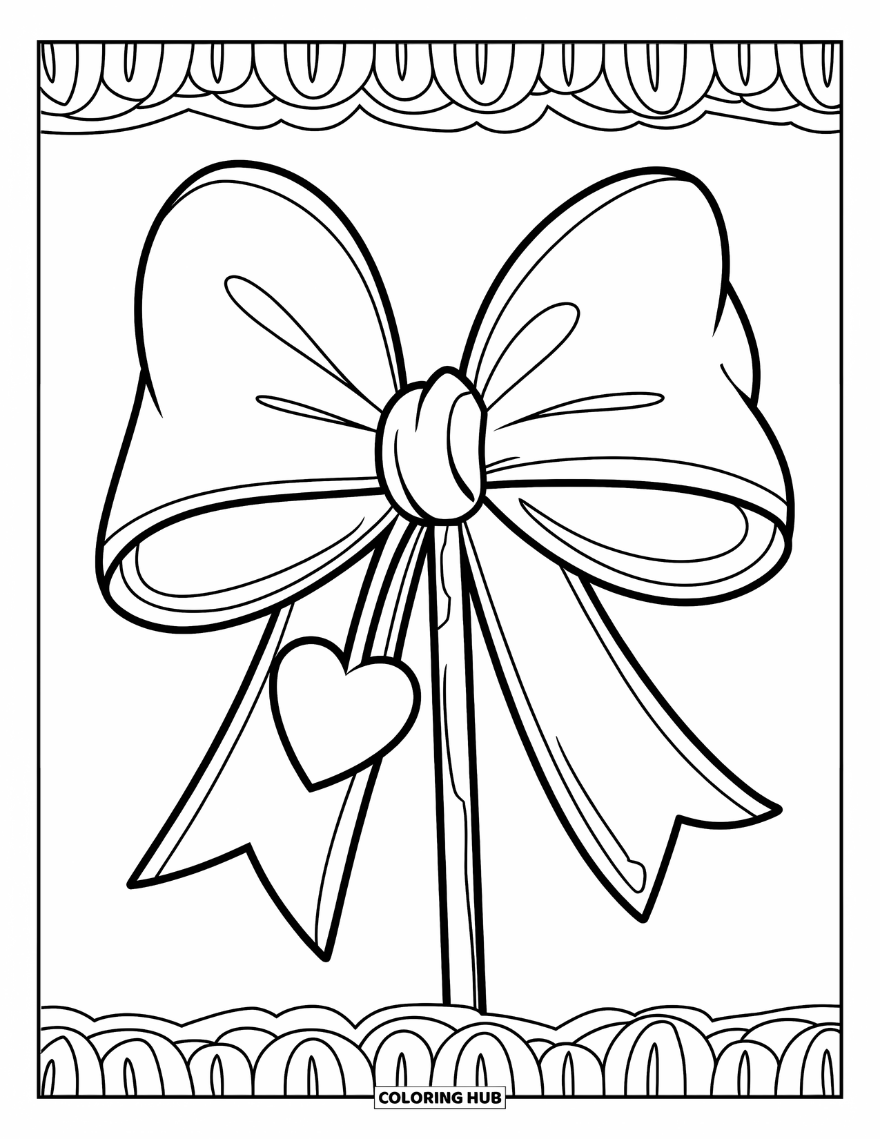 Pink Coloring Page for Kids: Bow with heart tag tied to a stick, cheerful and cute