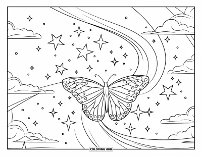 Coloriage rose pour enfants : Un papillon parmi des nuages, des étincelles et un ciel étoilé