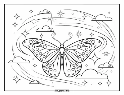 Coloriage rose pour enfants : Un papillon qui flotte avec des étoiles, des nuages et des étincelles autour de lui