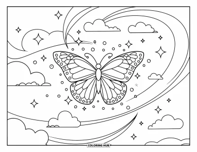 Coloriage rose pour enfants : Un papillon déploie ses ailes parmi des étoiles tourbillonnantes et des étincelles