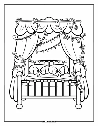 Coloriage rose pour enfants : Un lit à baldaquin avec des lumières, des nœuds et des vignes florales dans une chambre chaleureuse