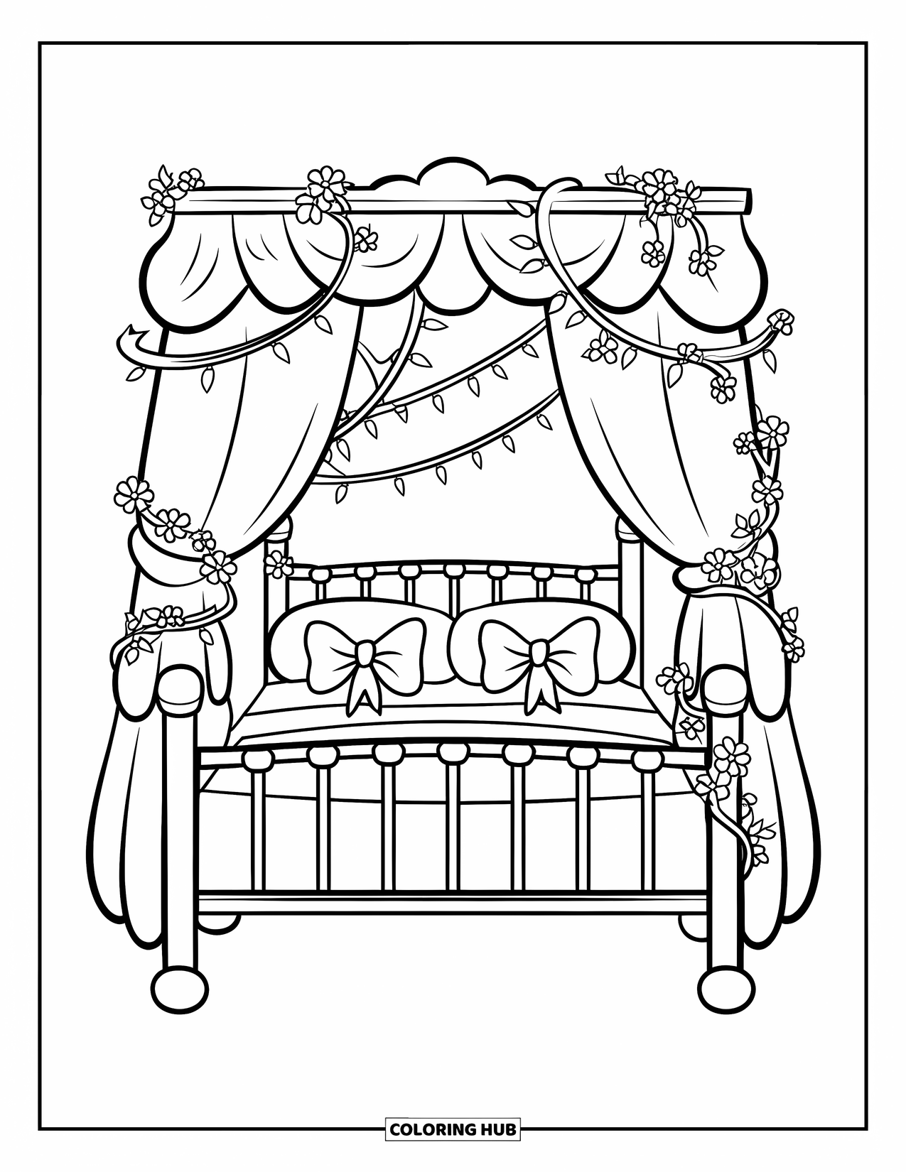 Pink Coloring Page for Kids: Canopy bed with lights, bows, and flower vines in a cozy room