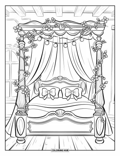 Coloriage rose pour enfants : Un cadre de lit sculpté avec des guirlandes lumineuses, des nœuds et des vignes retombantes