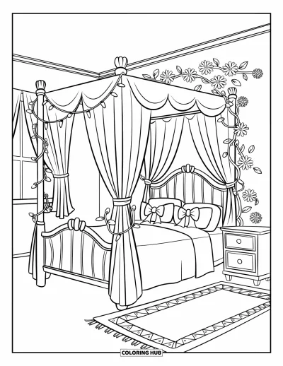 Coloriage rose pour enfants : Une chambre douillette avec un lit, des guirlandes lumineuses, des coussins à nœuds et des vigne de fleurs