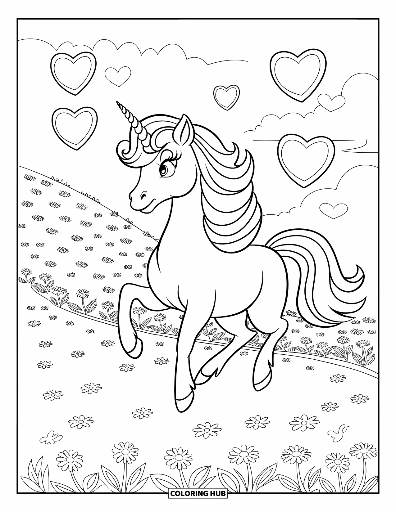 Pink Coloring Page for Kids: Crowned unicorn with a pink mane skips by floating hearts and flowers