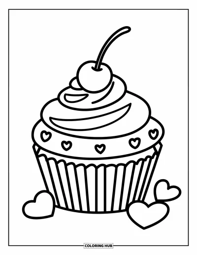 Coloriage rose pour enfants : Un tourbillon de cupcake avec une cerise et des cœurs, facile et amusant à colorier