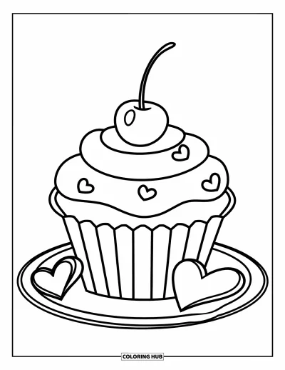 Coloriage rose pour enfants : Un cupcake avec une cerise et des pépites en forme de cœur sur une assiette