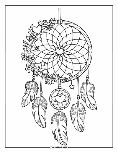 Coloriage rose pour enfants : Un attrape-rêves avec des vignes florales et des étoiles suspendu à un mât en bois