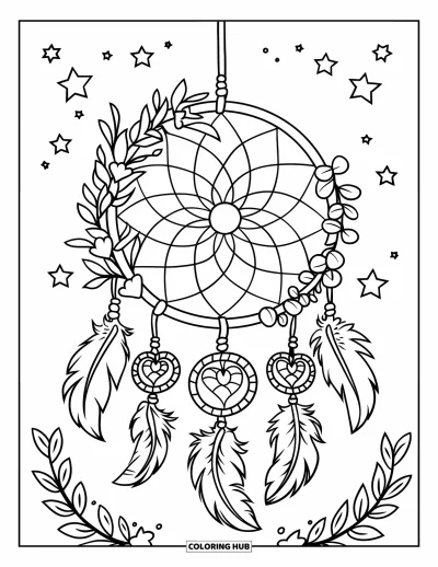 Coloriage rose pour enfants : Un attrape-rêves avec des plumes en forme de cœur et des étoiles brille sur un fond doux