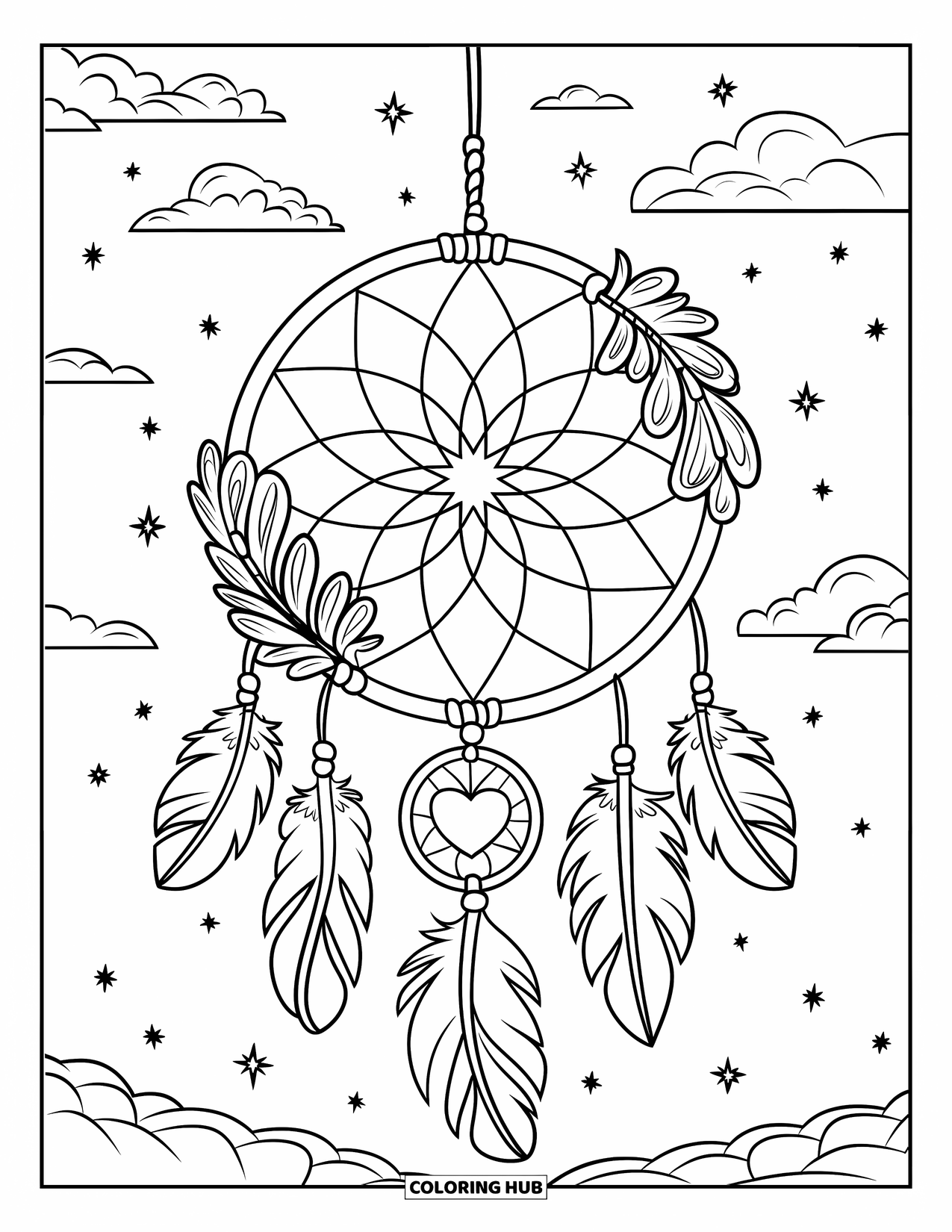 Pink Coloring Page for Kids: Dreamcatcher with hearts and stars floats beneath a starry sky