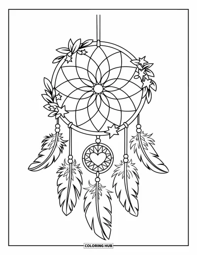 Coloriage rose pour enfants : Un attrape-rêves avec des cœurs, des étoiles et des fleurs suspendu à une branche