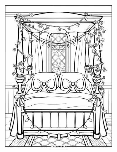 Coloriage rose pour enfants : Un lit élégant avec des nœuds, des guirlandes lumineuses et des vignes de lierre dans une chambre féerique