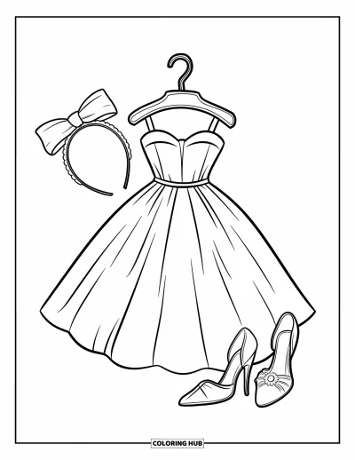 Coloriage rose pour enfants : Une robe élégante sur un cintre avec des talons et un bandeau à nœud