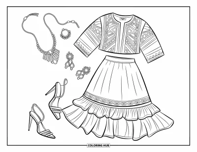 Coloriage rose pour enfants : Une tenue de mode avec un chemisier à motifs, une jupe à volants, des talons et des accessoires