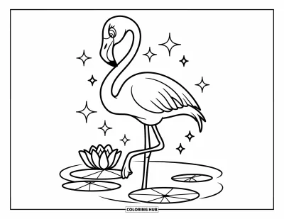 Coloriage rose pour enfants : Un flamant rose en robe près d'un étang scintillant et de nénuphars