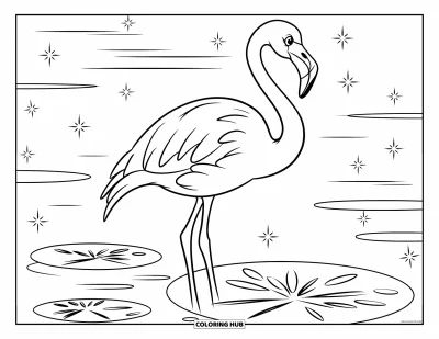 Coloriage rose pour enfants : Un flamant rose près de nénuphars avec des étincelles tout autour