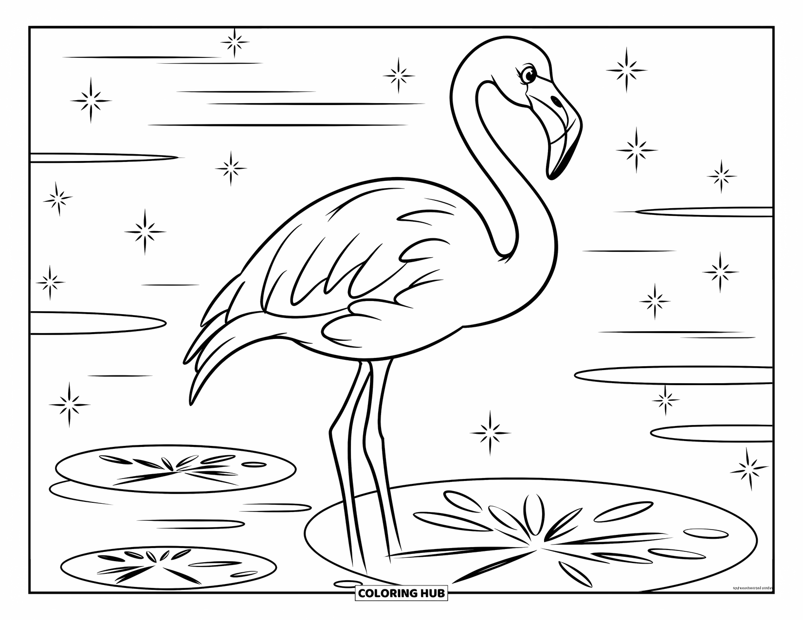 Pink Coloring Page for Kids: Flamingo stands near water lilies with sparkles around