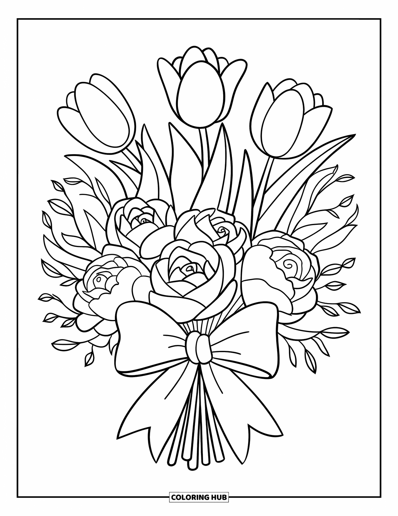 Pink Coloring Page for Kids: Fun bouquet of tulips, roses, and peonies tied with ribbon