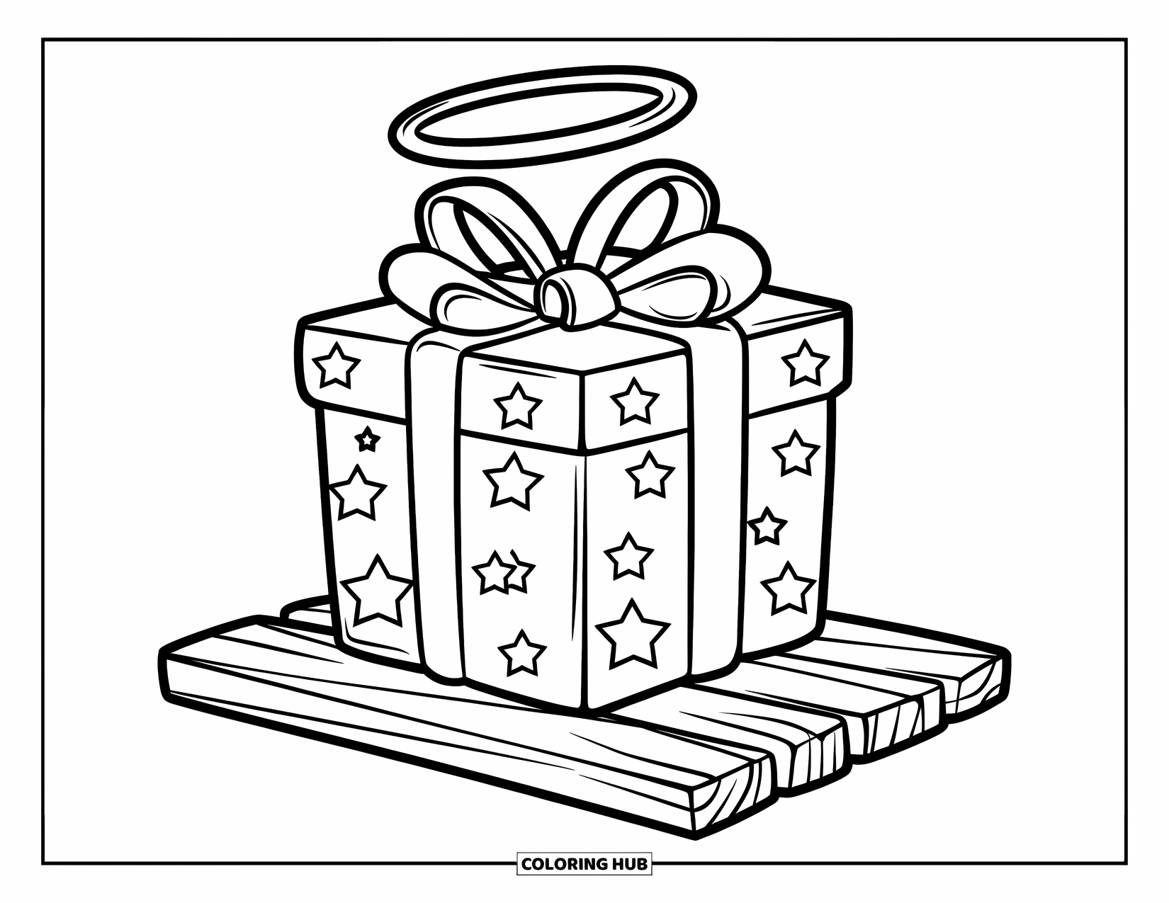 Pink Coloring Page for Kids: Gift with a halo and stars rests on a wooden plank