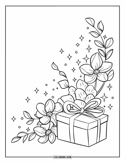 Coloriage rose pour enfants : Un cadeau avec un ruban à côté de fleurs et d'étincelles sur un présentoir en bois