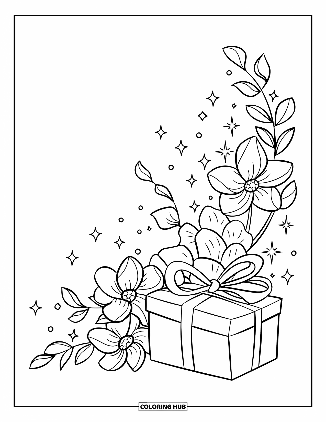 Pink Coloring Page for Kids: Gift with ribbon beside flowers and sparkles on a wooden stand