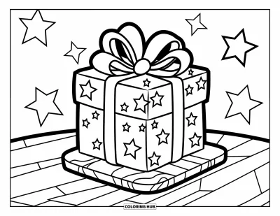Coloriage rose pour enfants : Un cadeau avec des étoiles et un nœud posé gaiement sur un socle en bois
