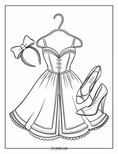 Coloriage rose pour enfants : Une robe en dentelle sur cintre avec un nœud en ruban et de jolies chaussures