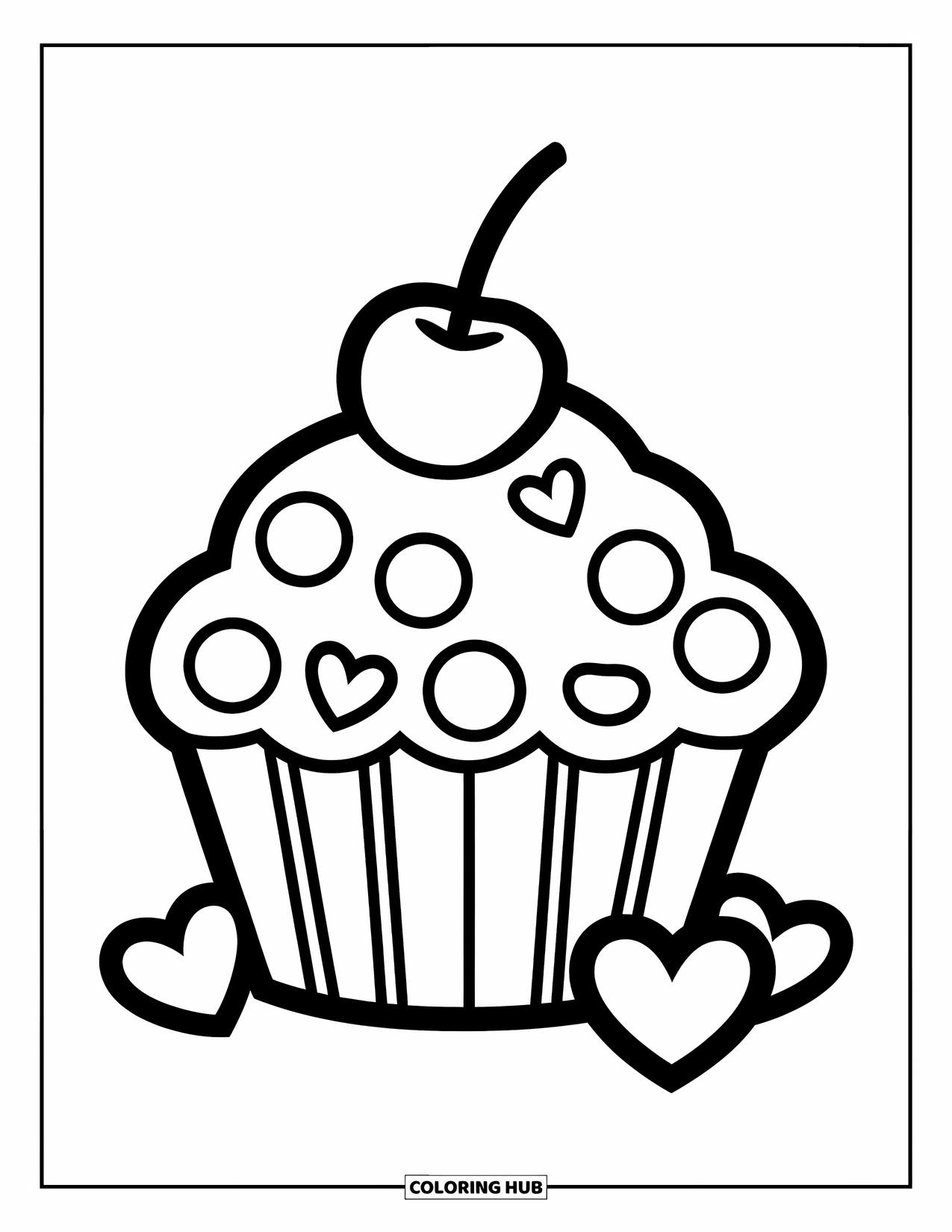 Pink Coloring Page for Kids: Large cupcake with cherry and hearts, bold and playful for preschoolers