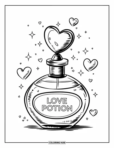 Coloriage rose pour enfants : Un flacon de parfum « Love Potion » entouré de cœurs et d'étincelles
