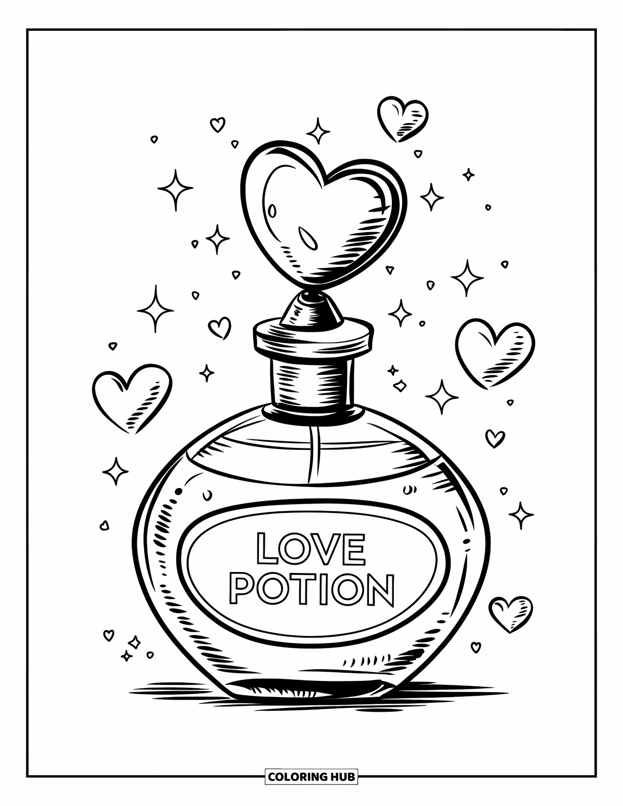 Pink Coloring Page for Kids: "Love Potion" perfume bottle surrounded by hearts and sparkles