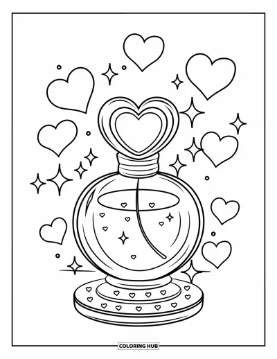 Coloriage rose pour enfants : Un flacon de parfum avec un bouchon en cœur et des étincelles flottantes