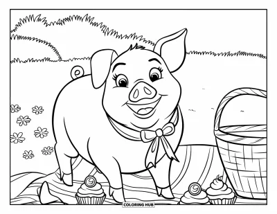 Coloriage rose pour enfants : Un cochon lors d'un pique-nique avec des cupcakes, des fleurs et une banderole à ruban