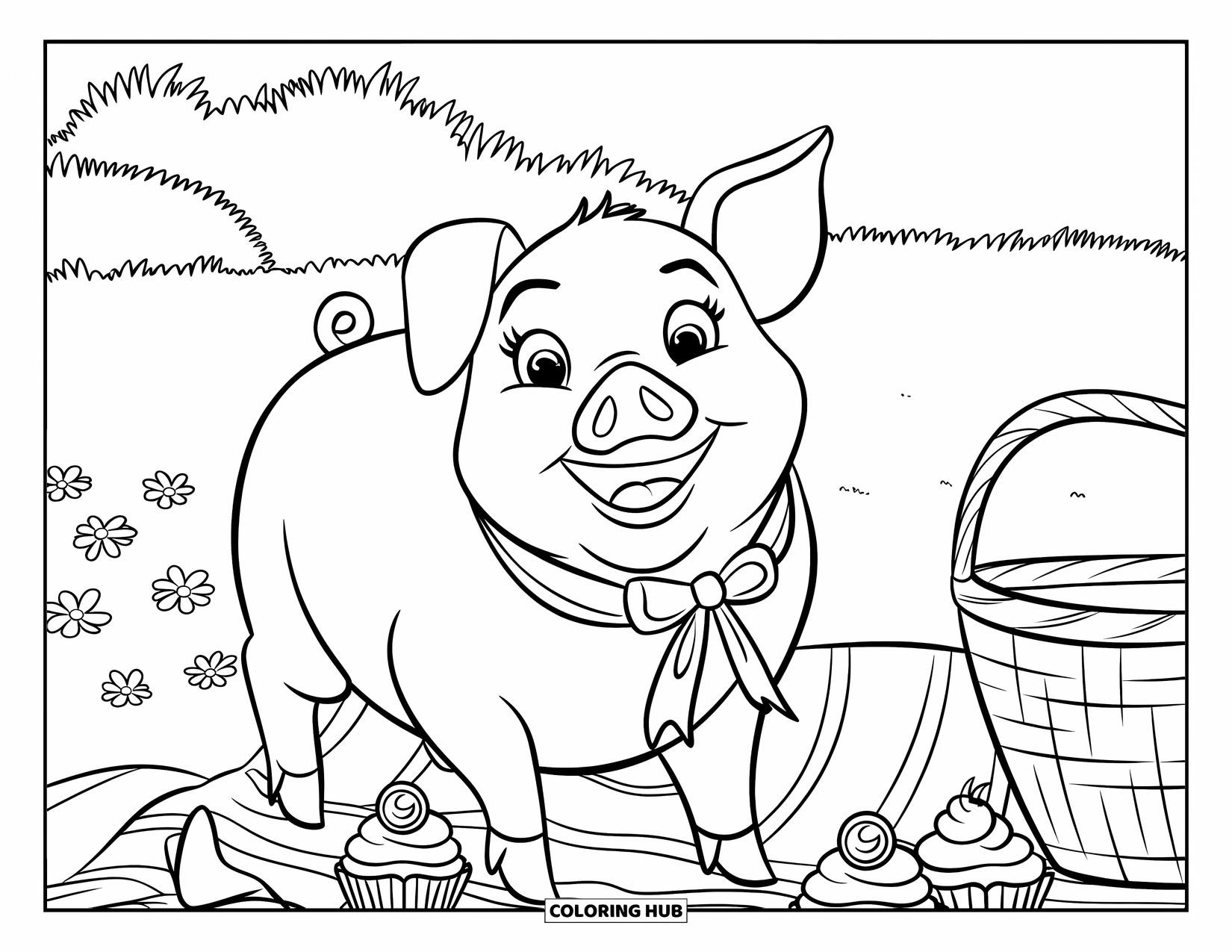 Pink Coloring Page for Kids: Pig at a picnic with cupcakes, flowers, and a ribbon banner