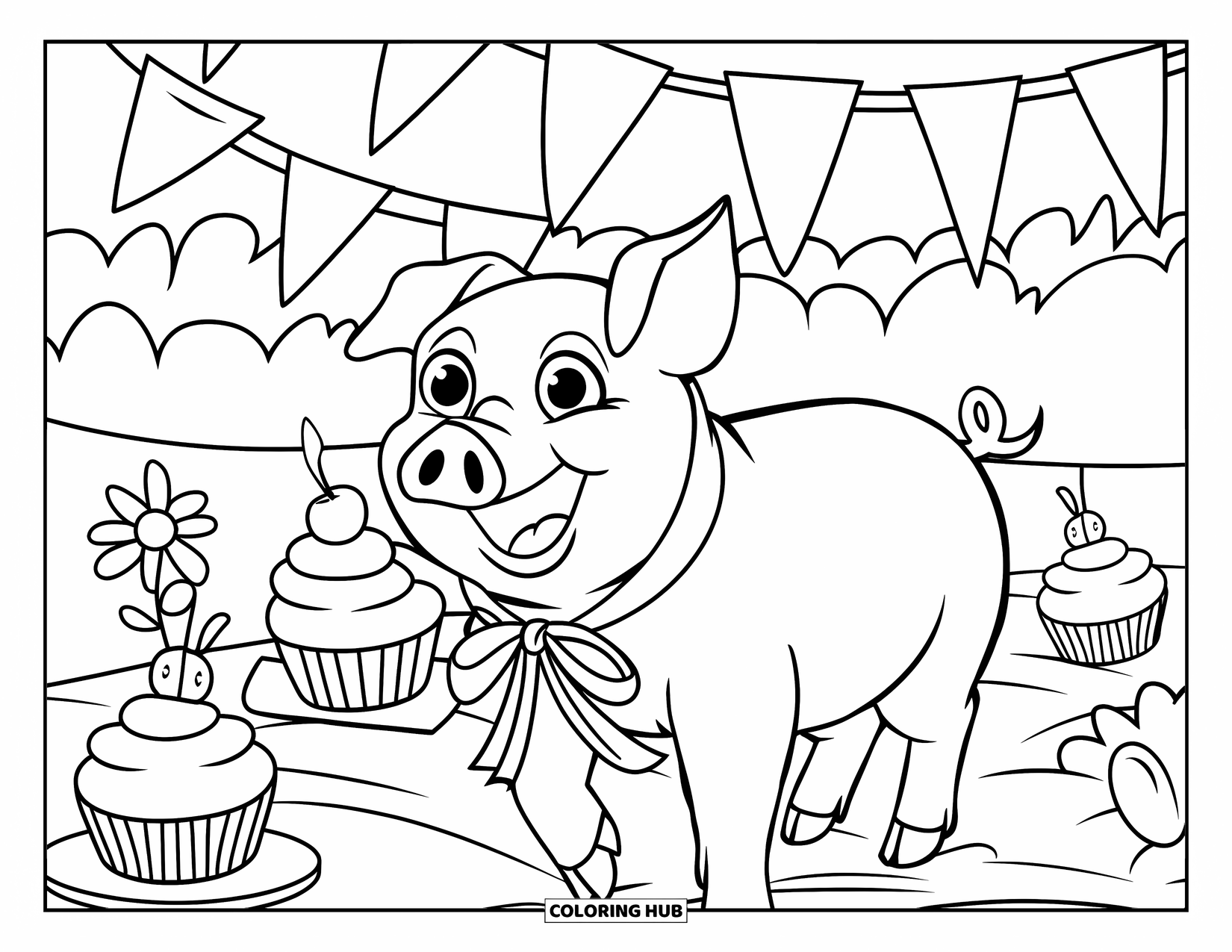 Pink Coloring Page for Kids: Pig wears a ribbon for a picnic with treats and blooms