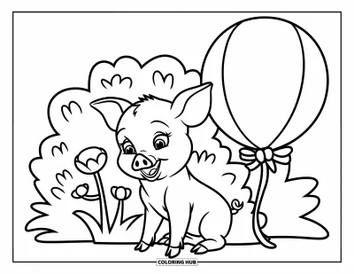 Coloriage rose pour enfants : Un porcelet à côté de fleurs et d'un ballon à ruban dans une scène joyeuse