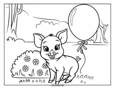 Coloriage rose pour enfants : Un porcelet assis près de fleurs et d'un ballon dans un champ paisible