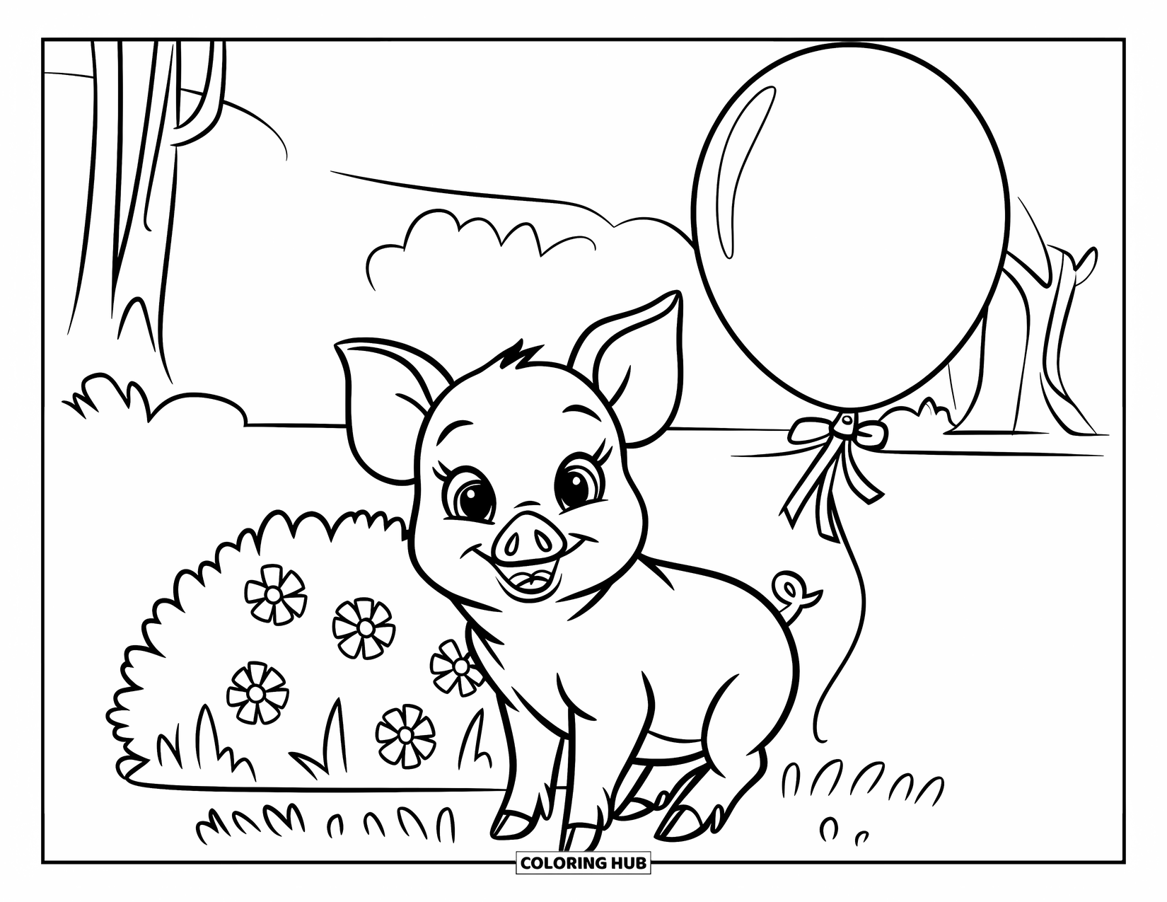 Pink Coloring Page for Kids: Piglet sits by flowers and a balloon in a quiet field