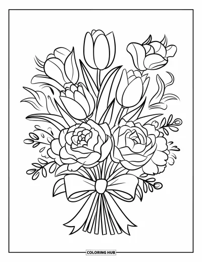 Coloriage rose pour enfants : Un joli bouquet de tulipes, de roses, de pivoines et d'un nœud