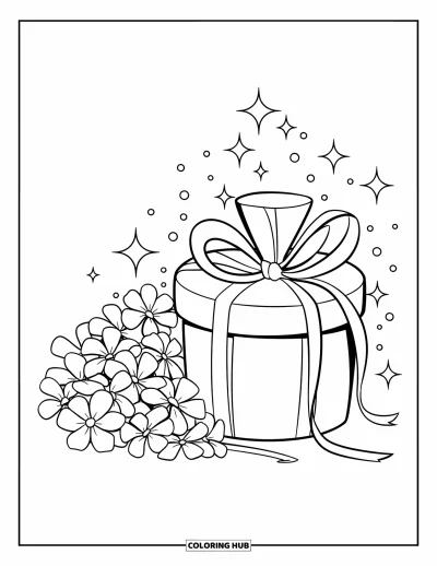 Coloriage rose pour enfants : Un cadeau à ruban et des fleurs avec des étincelles dans une scène douce et apaisante