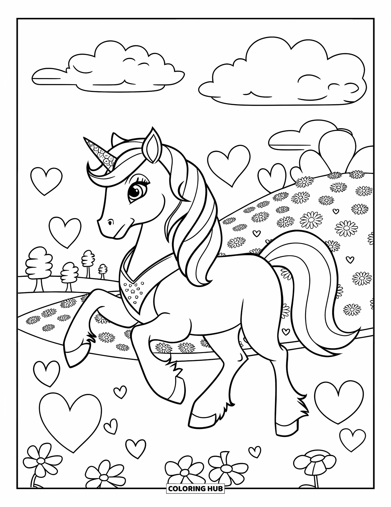 Pink Coloring Page for Kids: Sparkly unicorn with sash dances near floating hearts and flowers