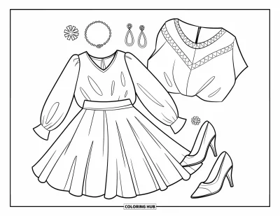 Coloriage rose pour enfants : Une tenue chic avec un chemisier, une jupe, des talons et des bijoux exposés