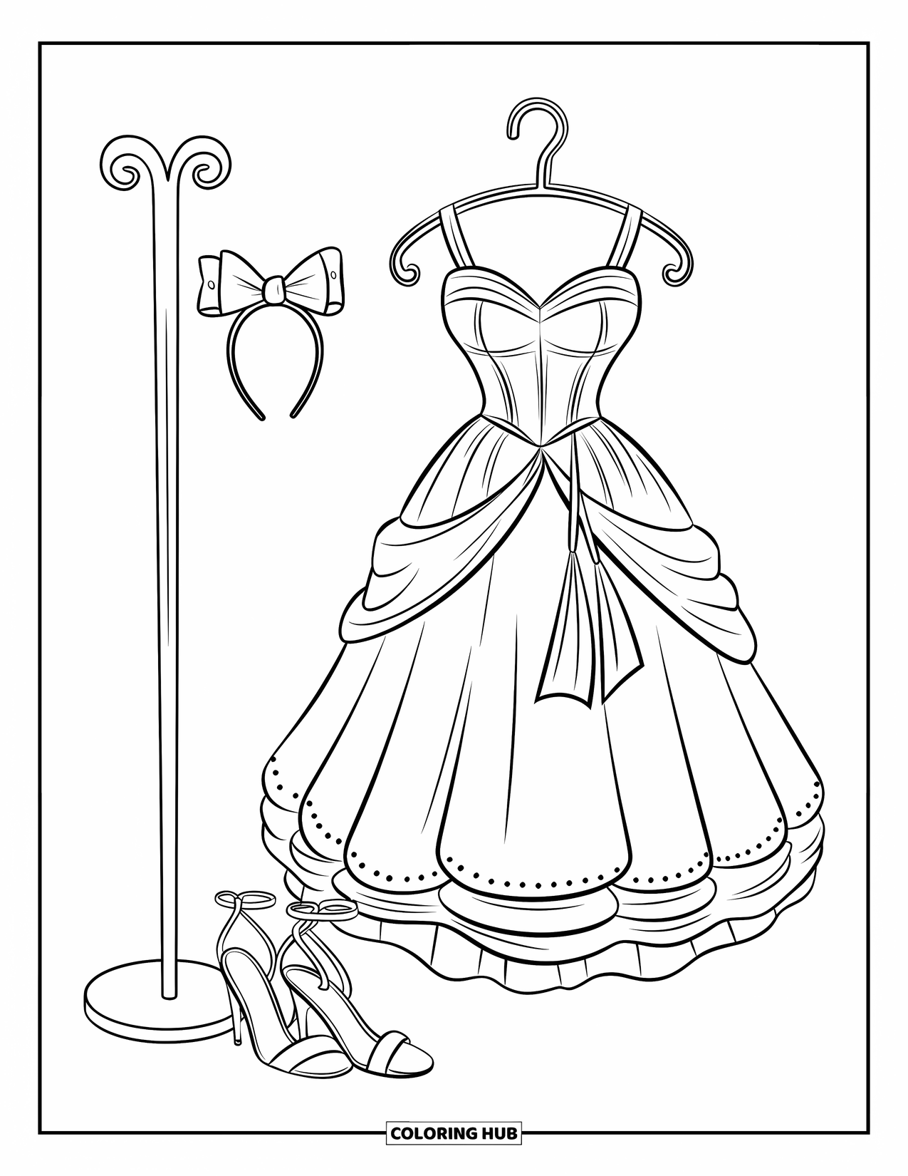 Pink Coloring Page for Kids: Sweetheart dress, heels, and bow headband in a cute outfit set