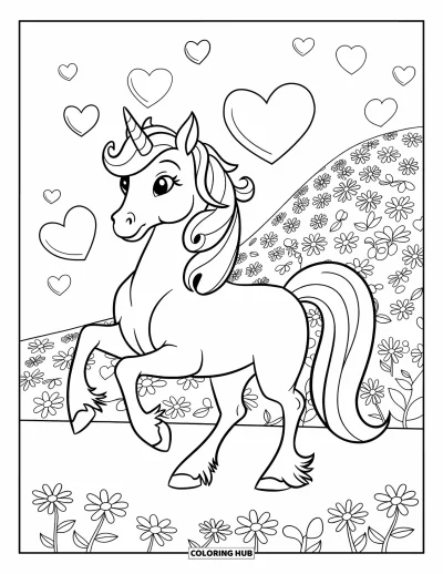 Coloriage rose pour enfants : Une licorne qui caracole près de cœurs et de fleurs sur une jolie colline