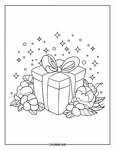 Coloriage rose pour enfants : Un cadeau emballé à côté de fleurs et d'étincelles dans une mise en scène simple