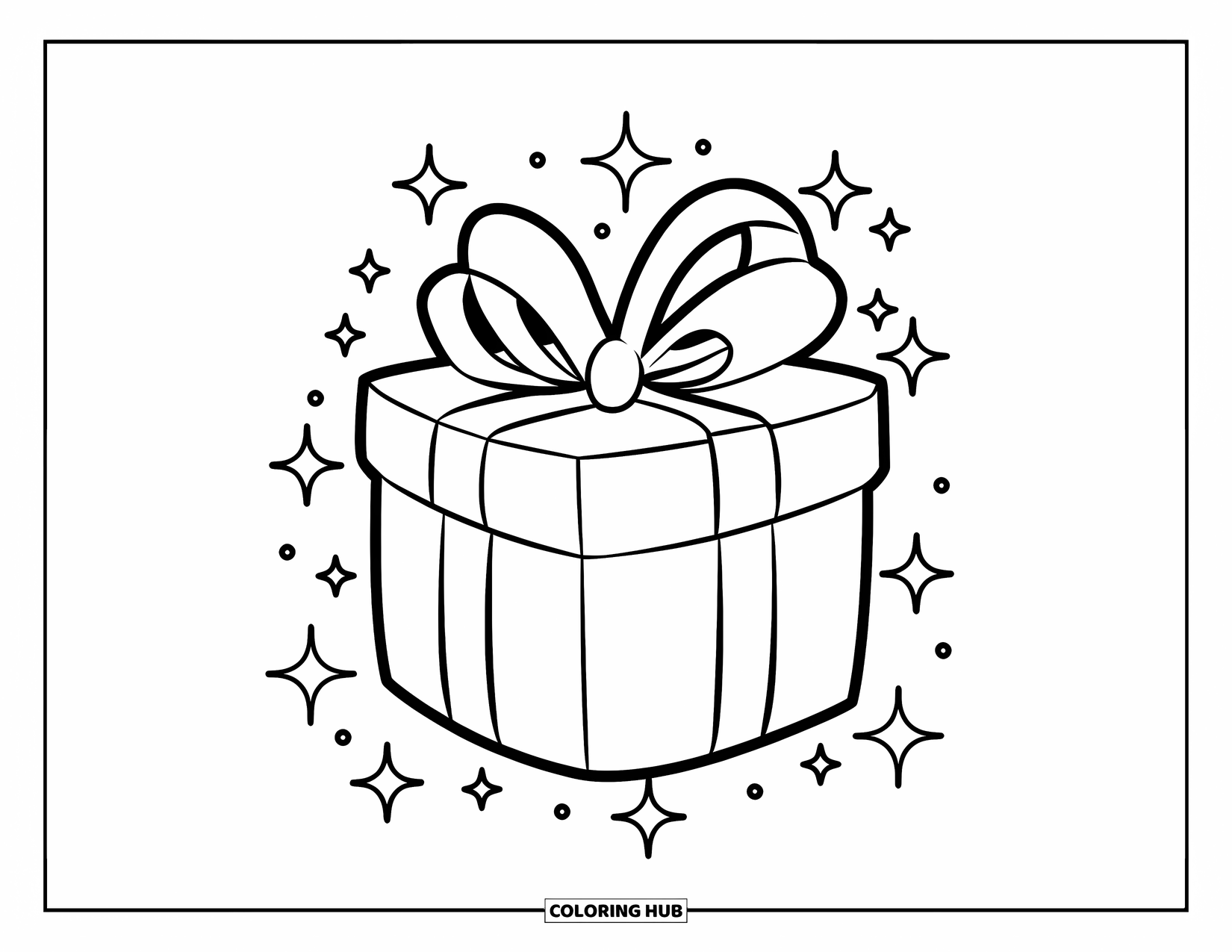 Pink Coloring Page for Kids: Wrapped gift with big bow sparkles on a plain background