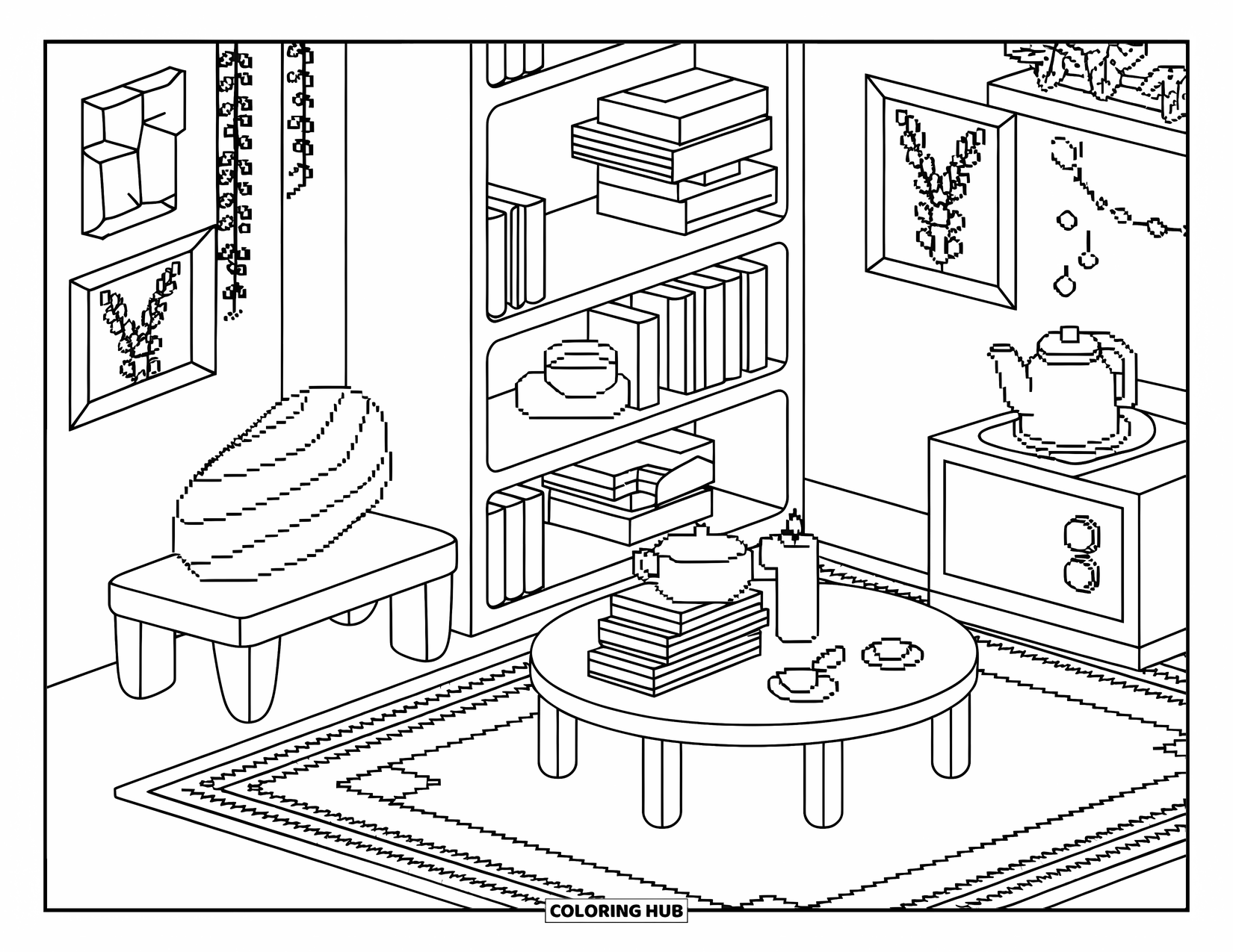 Pixel Coloring Page for Adults: Cozy pixel room with mini teapot, candle, and starry framed art