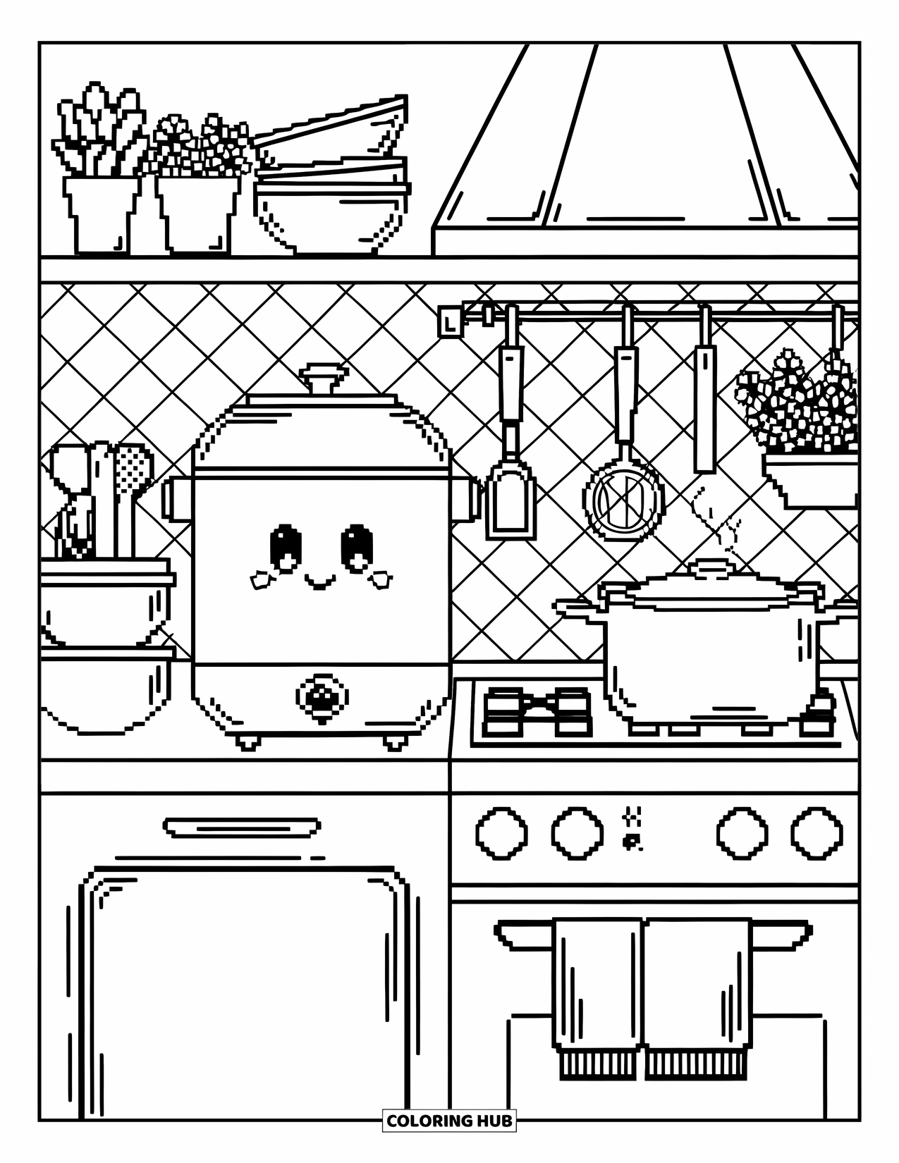 Pixel Coloring Page for Adults: Kawaii kitchen setup with rice cooker, steam pot, and utensils