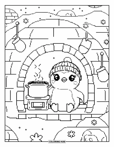 Pixel kifestő felnőtteknek: Kawaii pingvin gyapjas sapkában iglun belül hangulatos részletekkel