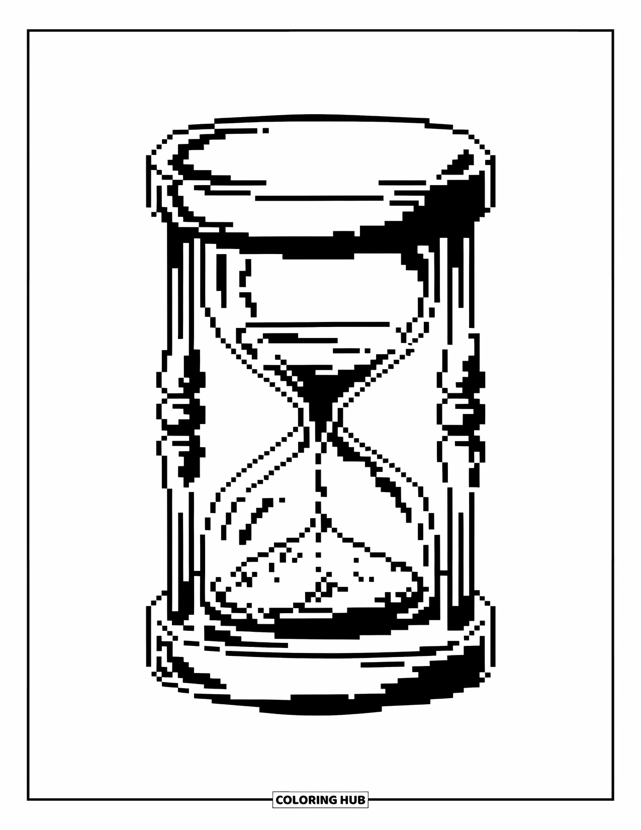 Pixel Coloring Page for Adults: Pixel hourglass with triangle-shaped sand and a decorative frame
