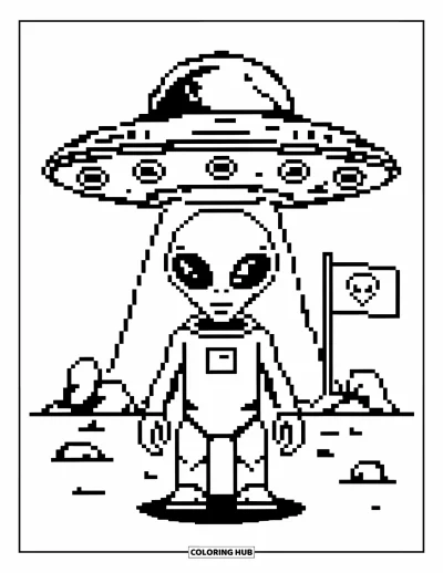 Pixel kifestő gyerekeknek: Pixel űrlény szkafanderben, UFO lebeg sziklák és egy zászló fölött